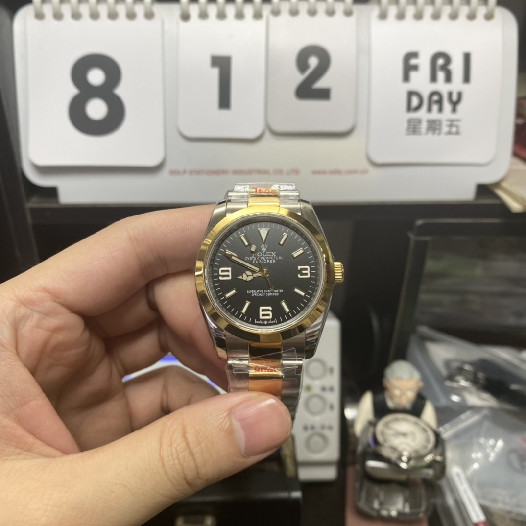 Rolex Explorer I GMT series M124273-0001, Black Dial Two-Tone, 36mm size.