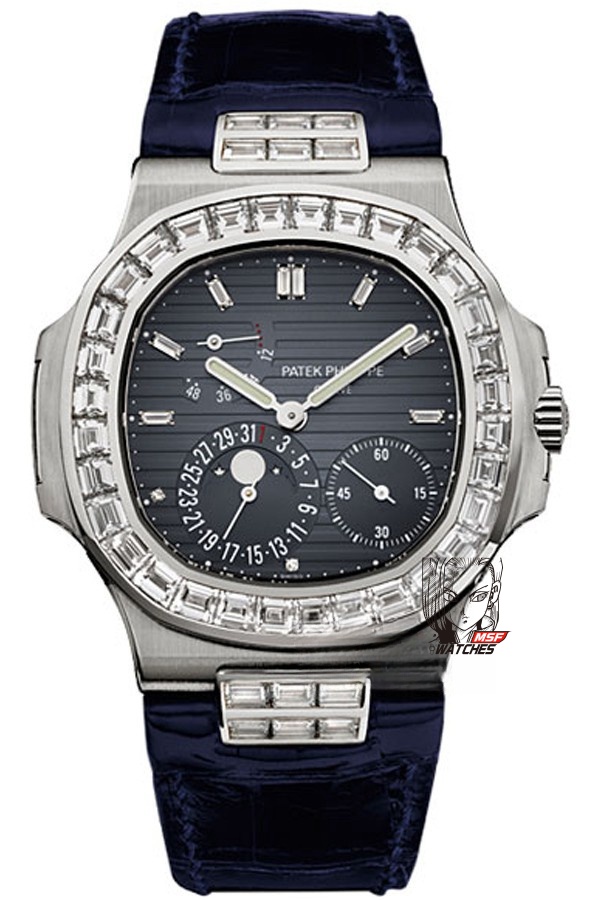 Patek Philippe Nautilus series 5724G-001, Square Diamond Bezel Blue Dial Blue Leather Strap, 40mm size.