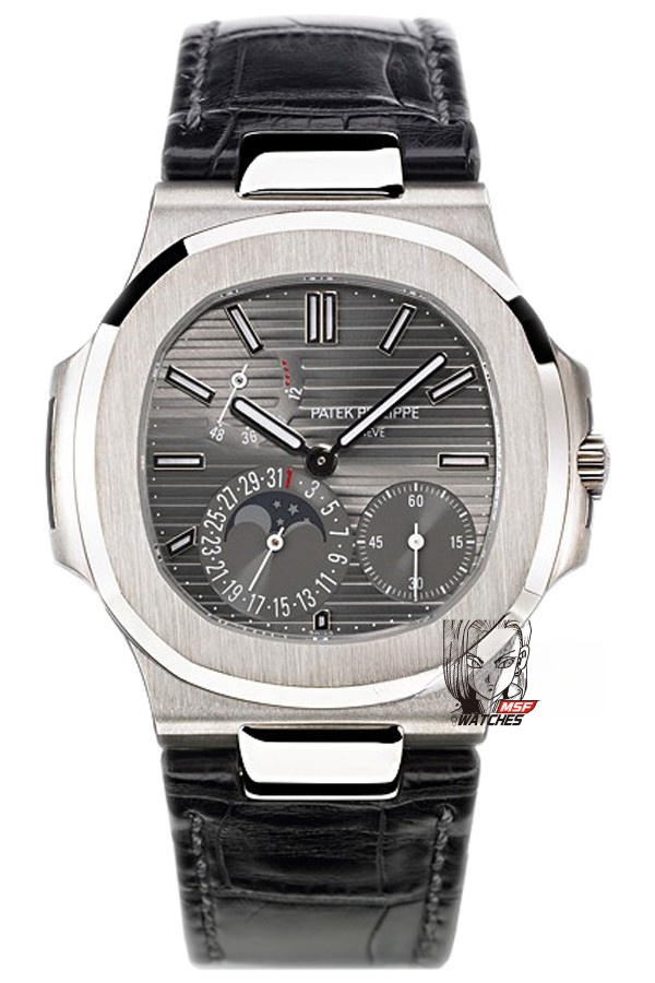 Patek Philippe Nautilus series 5712G-001, Stainless Steel Case Grey Dial Black Leather Strap, 40mm size.
