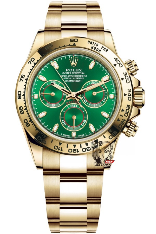 Rolex Cosmograph Daytona series m116508-0013, gold case green dial, 40mm size.