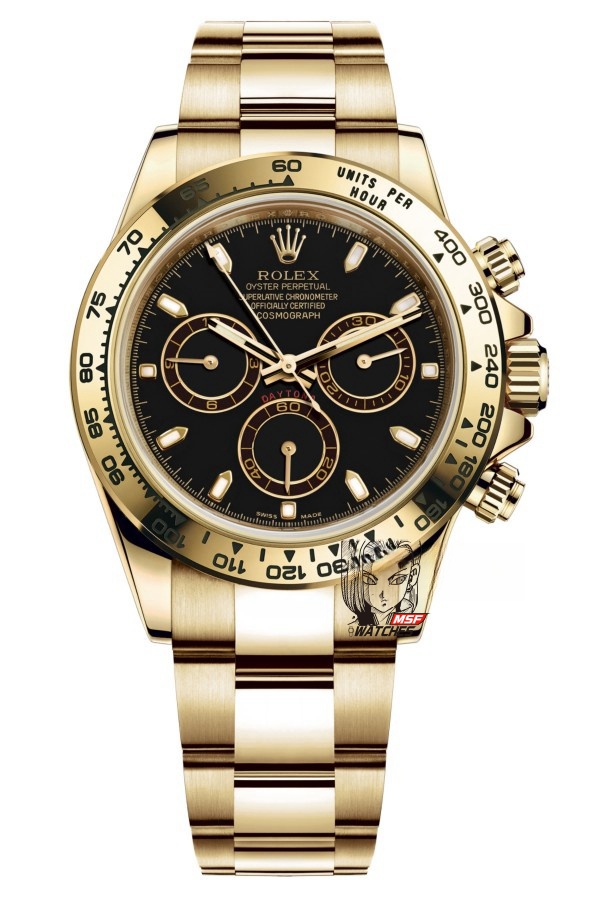 Rolex Cosmograph Daytona Series m116508-0004, Full Gold Case Black Dial Arabic Numerals, 40mm size.