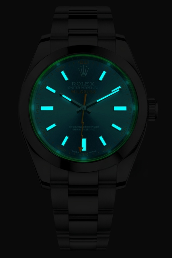 Rolex Milgauss Series m116400gv-0002, Lightning Bolt Hand Blue Dial, 40mm Size.