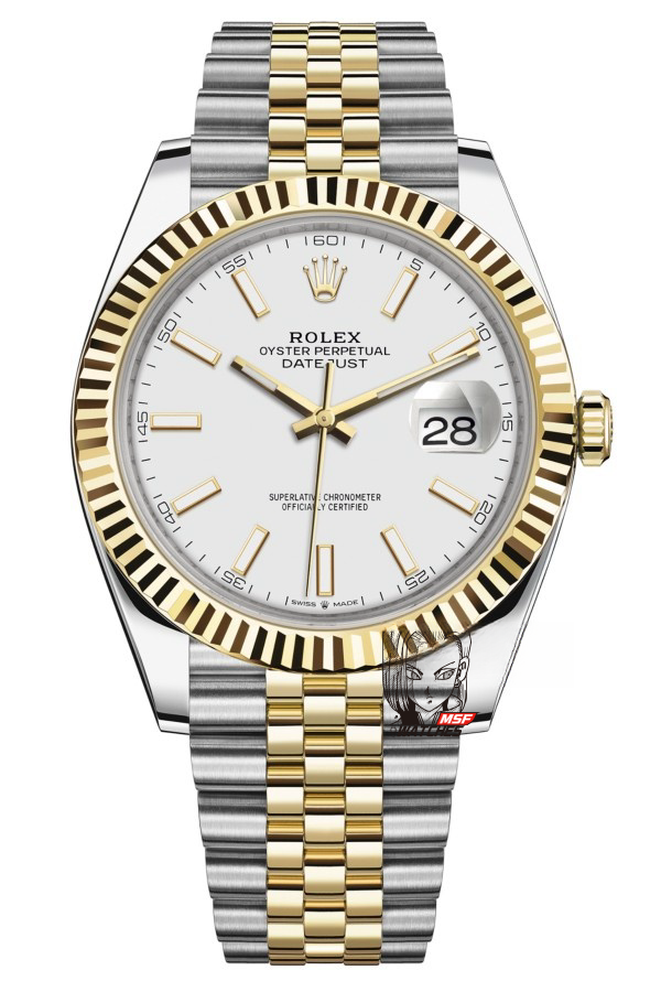 Rolex Datejust series m126333-0016, Two-Tone Gold Case White Dial with Stick Hour Markers, 41mm size.
