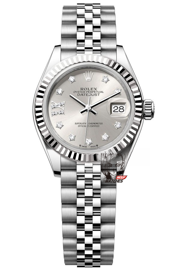 Rolex Datejust Series m279174-0021, Sunburst Silver Dial with Star-Shaped Diamond Hour Markers, 28mm Size, Five-Link Steel Bracelet.