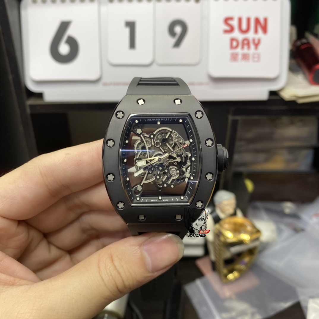 Richard Mille Men's Collection series RM055, Black Ceramic Case with Skeletonized Movement Design, 49.90 x 42.70mm size.