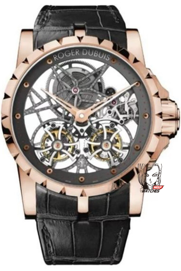 Roger Dubuis Royal Oak Series RDDBEX0395, Rose Gold Case All Hollowed Out with American Alligator Leather Strap, 45mm Size.