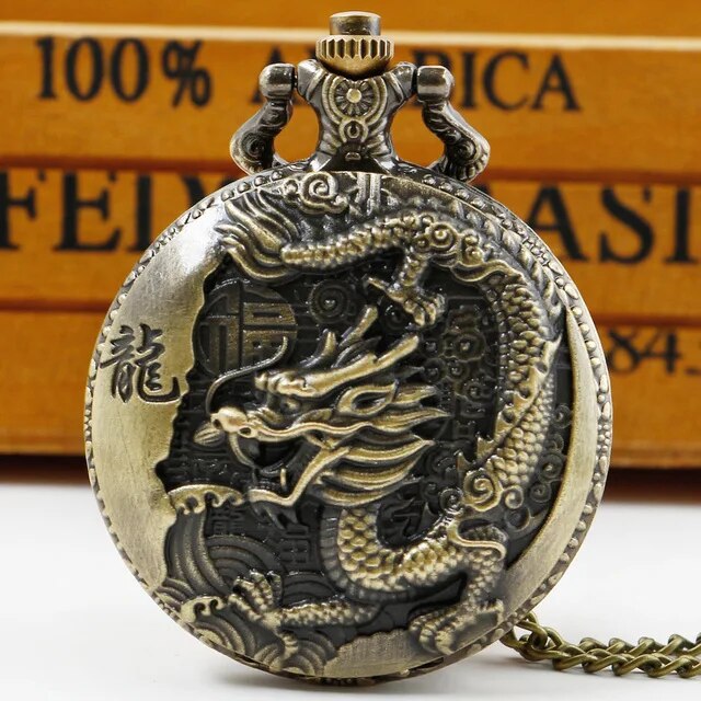 Retro Chinese Style Double Dragons Playing with Beads Quartz Pocket Watch With Chain Necklace Pendant Fob Watches