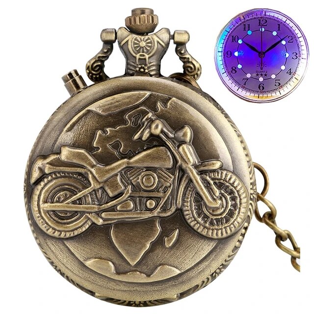 Retro Motorcycle CAR Pattern Quartz Pocket Watch Luminous LED Flash Motorbike MOTO Design Pendant Fob Watch Chain Gifts for Men