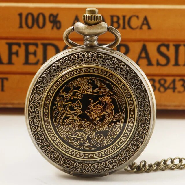 Retro Chinese Style Double Dragons Playing with Beads Quartz Pocket Watch With Chain Necklace Pendant Fob Watches