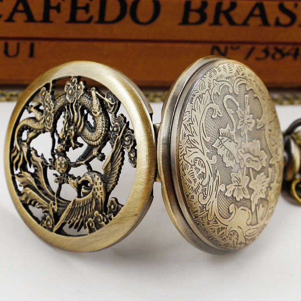 Retro Chinese Style Double Dragons Playing with Beads Quartz Pocket Watch With Chain Necklace Pendant Fob Watches