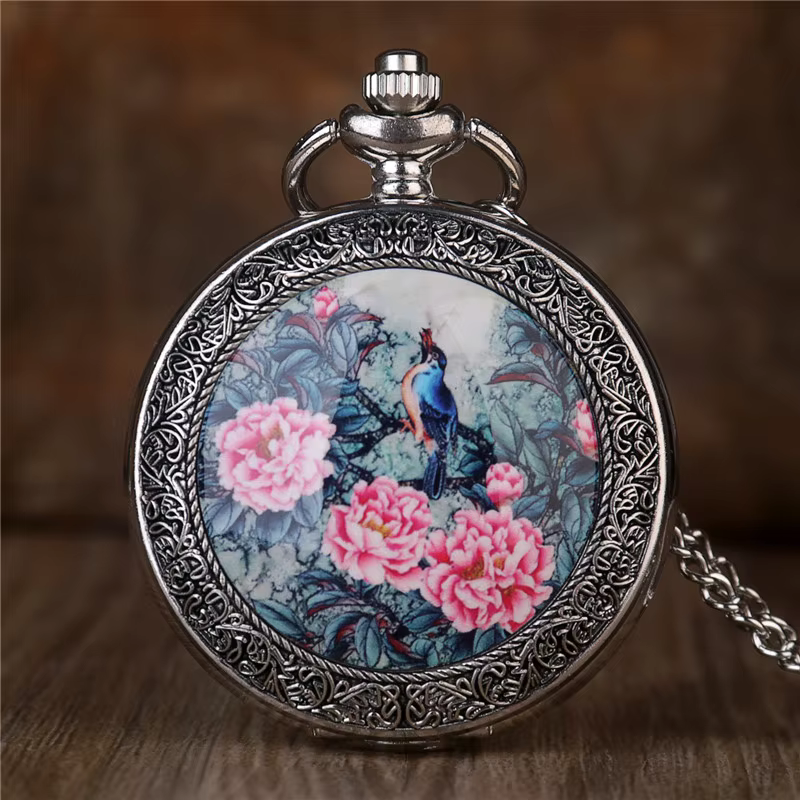 Creative peony flower painted quartz pocket watch fashion silver necklace clock men and women best gift