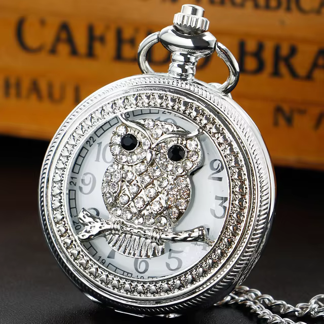 Pocket Watch with Lovely Owl Full Hunter Alloy Quartz Clock with Necklace Fob Chain  Antique Watches for Men Women XH1012