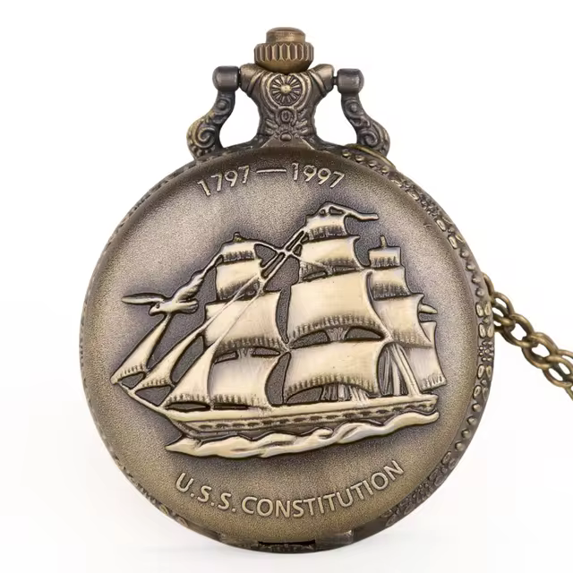 Bronze Vintage Military Series U.S Navy USS Constitution Sail Frigate Quartz Pocket Watch FOB Chain Watch 1797-1997