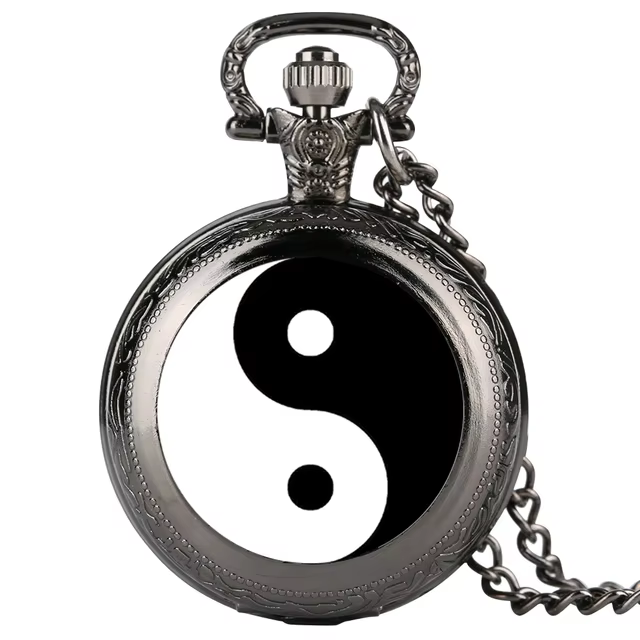 Black and White Tai Chi Snap Button Quartz Pocket Watch Yin Yang Jewelry Steampunk Medium Size Necklace Chain Collectibles Gifts
