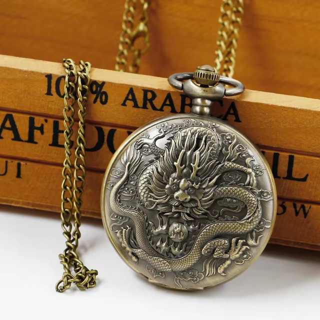 Dominant Cool Chinoiserie Dragon Pocket Watch Mens Vintage Necklace Quartz Pocket FOB Watch Exquisite Gift