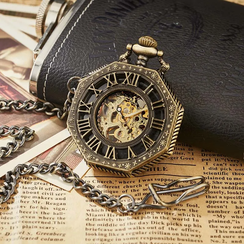 Hexagonal Mechanical Pocket Watch Golden Sliver Bronze Hollow Fob Chain With Box Men Women Lady Watches Mens Vintage Gifts