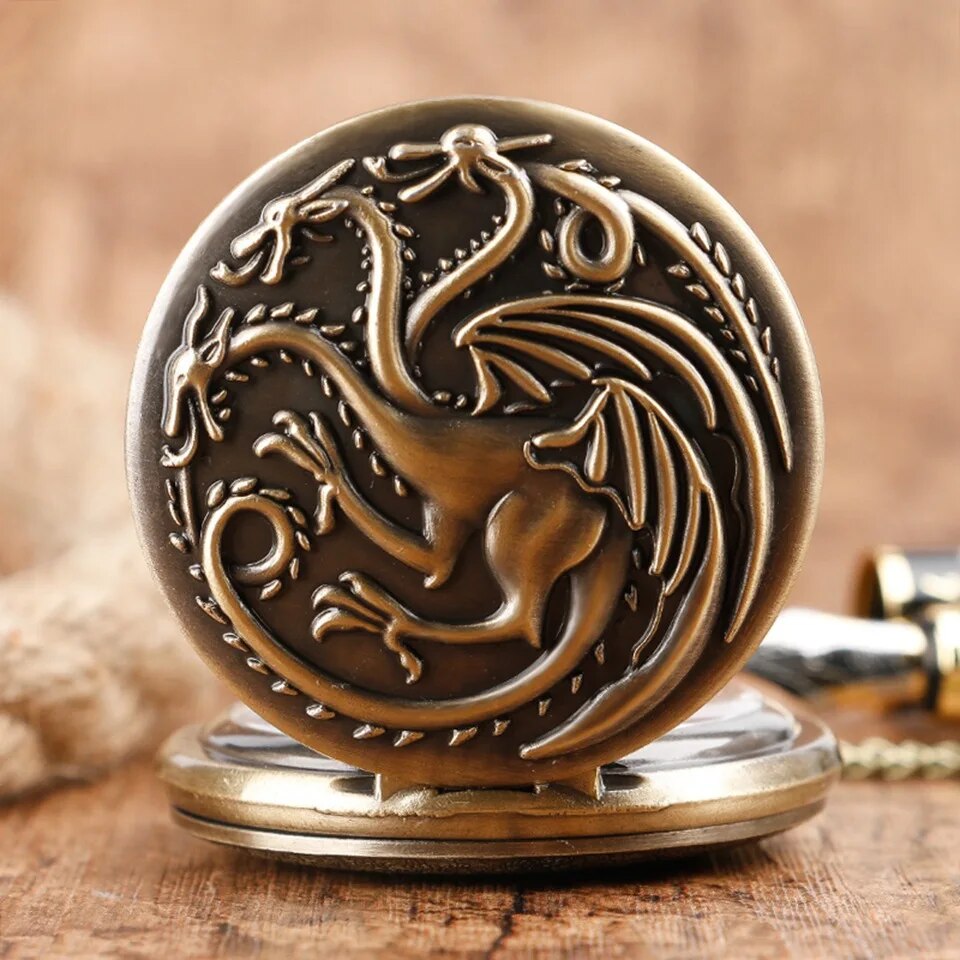 Three-headed Dragon Quartz pocket Watch Vintage Bronze Fire Monster necklace Vintage antique watch