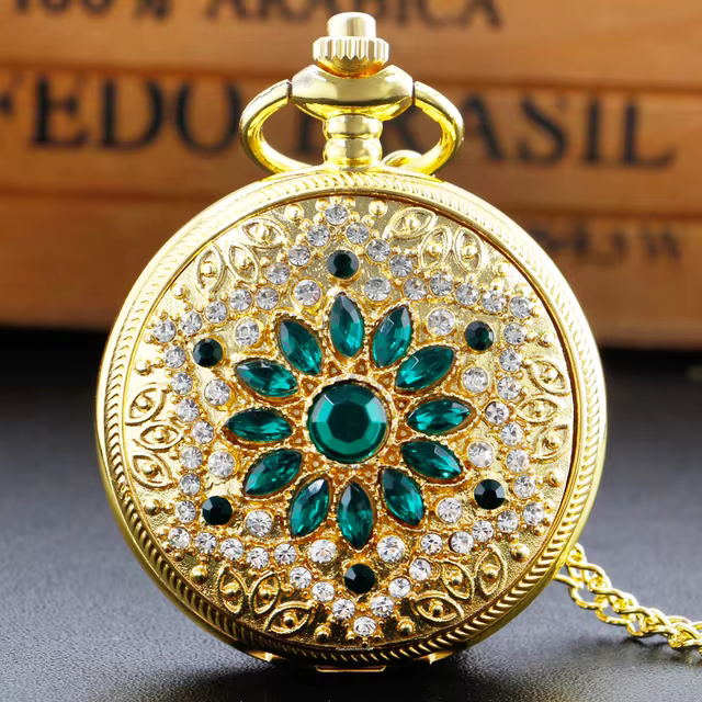 Gold Diamond Fashion Quartz Pocket Watch Retro Women's Jewelry Chain Necklace Birthday Timepiece Anniversary Gift