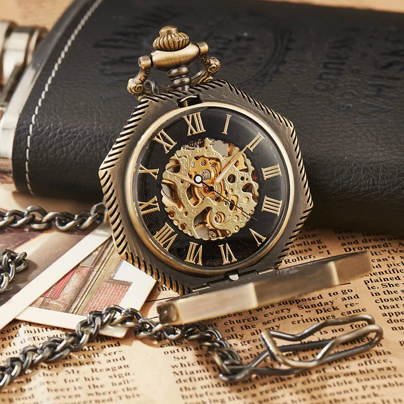 Hexagonal Mechanical Pocket Watch Golden Sliver Bronze Hollow Fob Chain With Box Men Women Lady Watches Mens Vintage Gifts